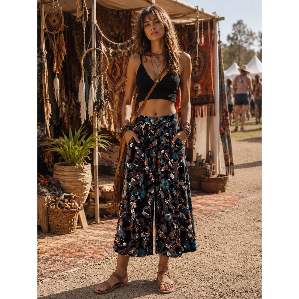 Vintage Newline Floral Wide Leg‎ Palazzo Pants Artsy Lagenlook Boho Size L 0329
